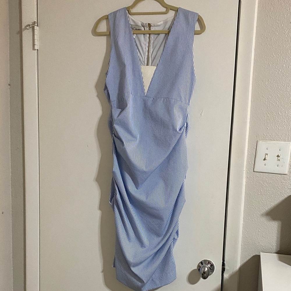 Sara Campbell Elegant Blue Pinstripe Rusched Dress Size 10